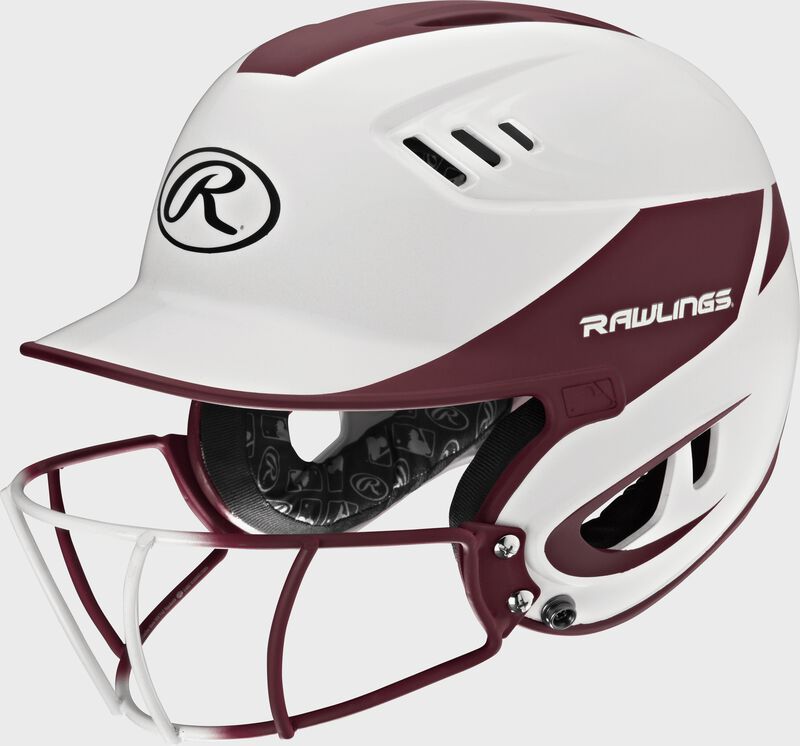 A white/maroon R16H2FGS Velo senior batting helmet with a white/maroon facemask