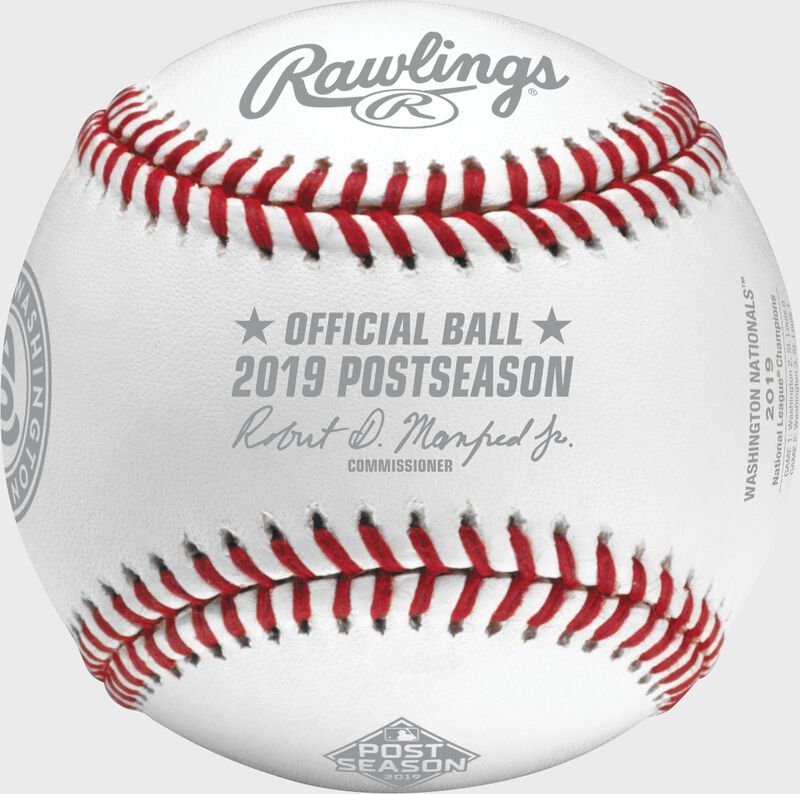 Front of a NLCS19CHMP 2019 Washington Nationals National League Champions baseball with the Official Baseball of MLB stamp