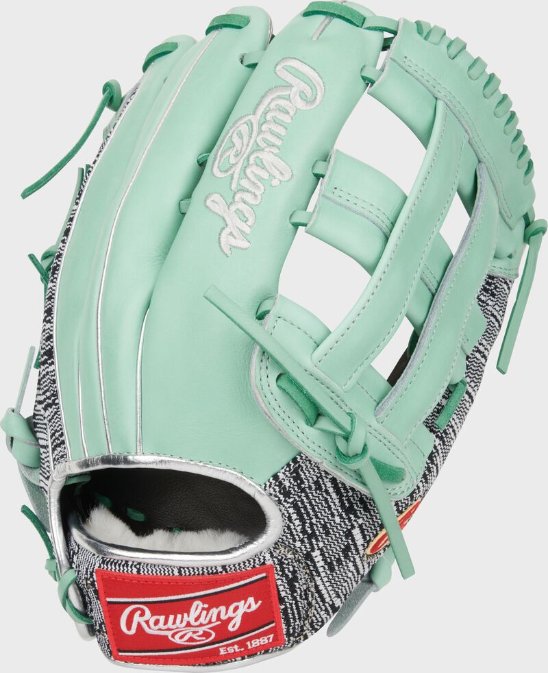 Ocean mint back of a Byron Buxton Gameday 57 Pro Preferred outfield glove with a red Rawlings patch 