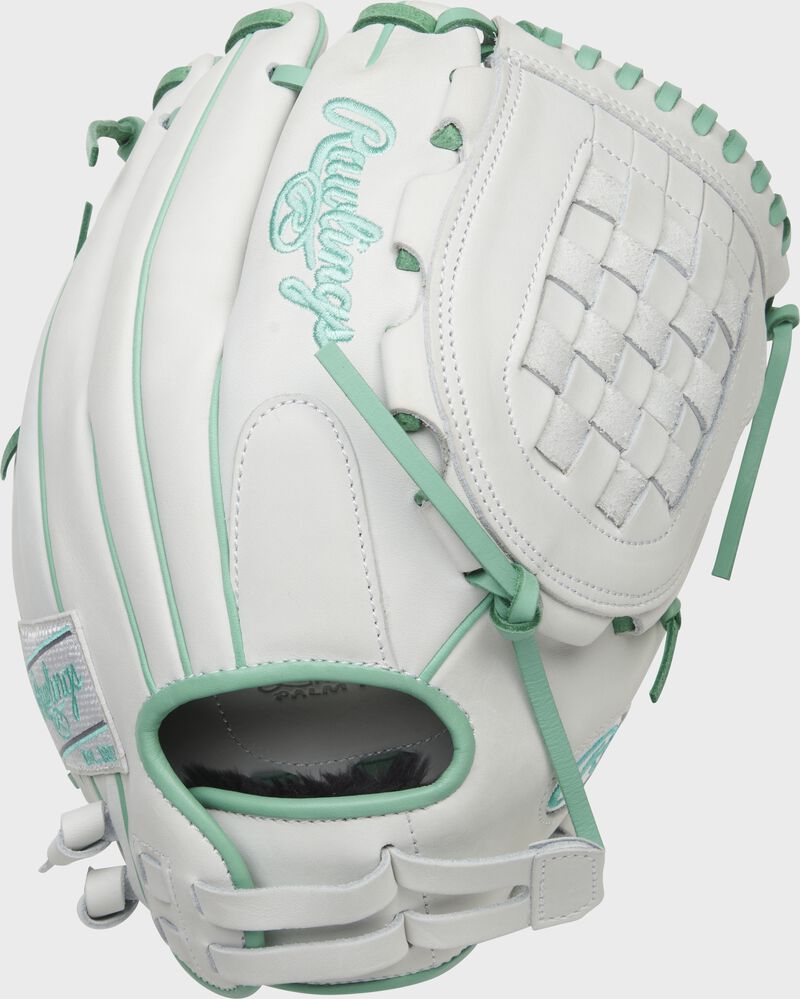 Back of a white/mint Liberty Advanced Color Series 12-Inch basket web glove with a pull strap back - SKU: RLA120-3WM