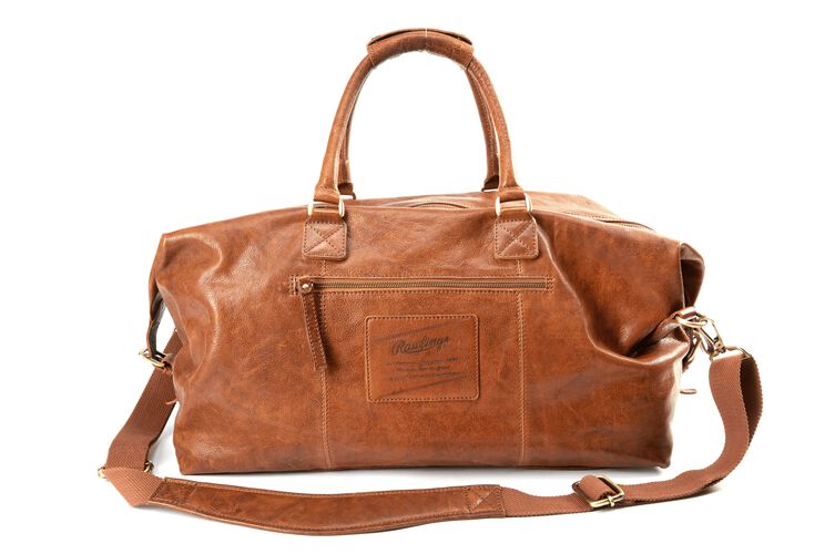 Back of a tan Rawlings rugged duffle bag with a side zip compartment and tan shoulder strap - SKU: V606-202
