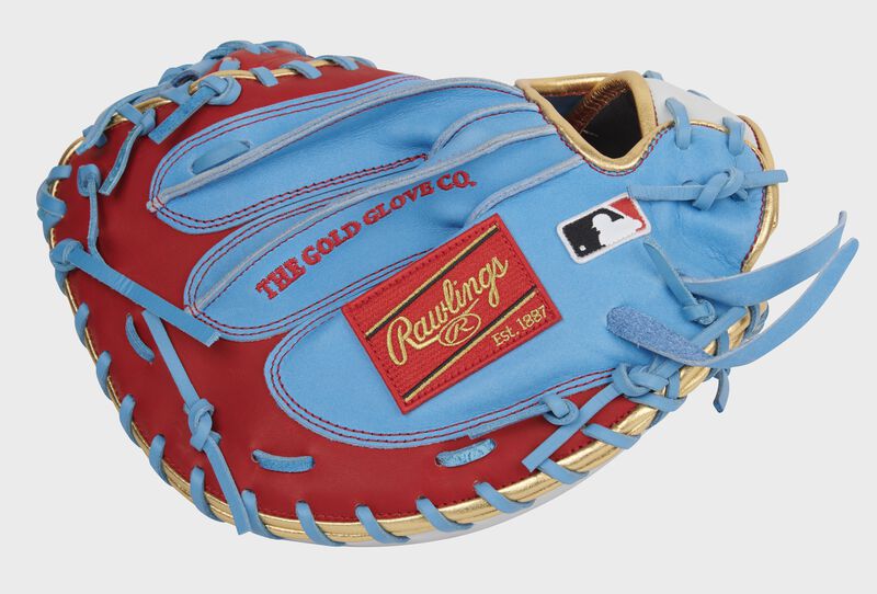 Back of a Heart of the Hide Yadier Molina pattern catcher's mitt with a red Rawlings patch and MLB logo - SKU: PROYM4SCB