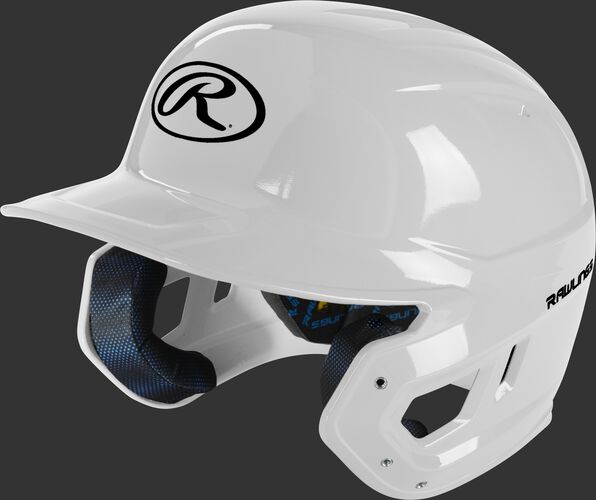 Left angle view of a white MCH01A Mach high school/college batting helmet