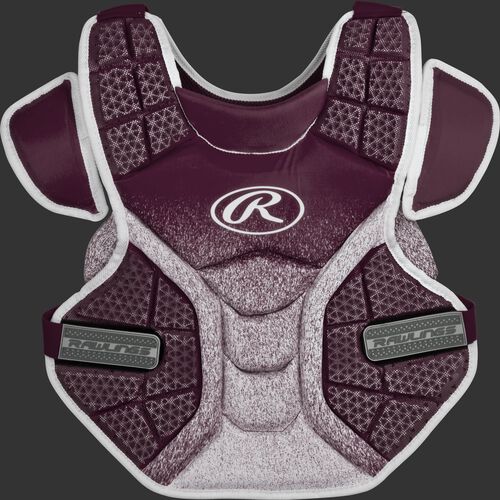 Front of a maroon/white SBCPV Velo adult softball chest protector