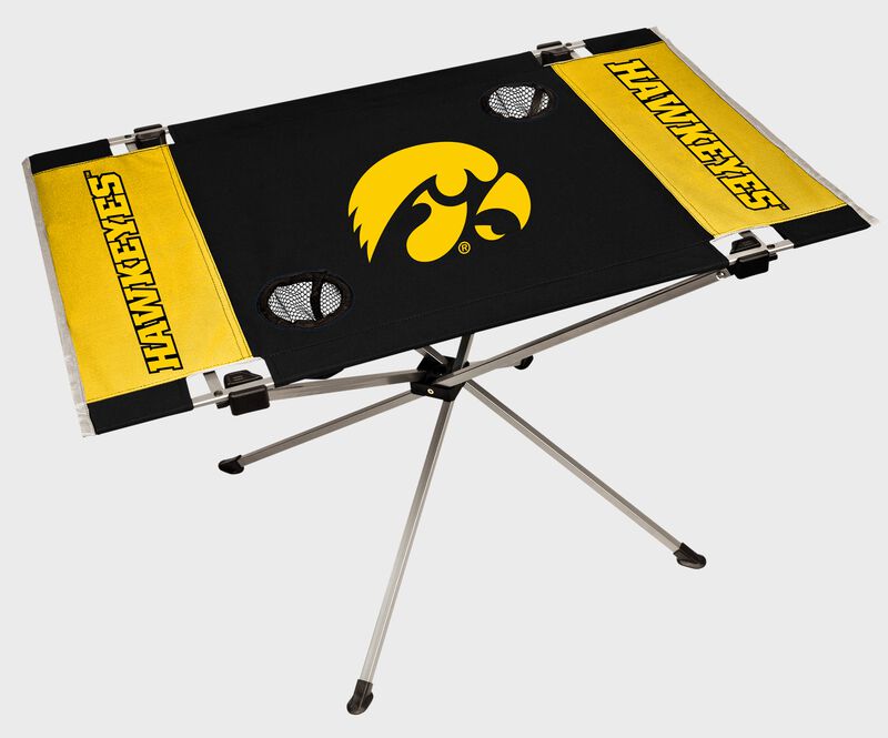 An Iowa Hawkeyes endzone table with a large team logo in the middle