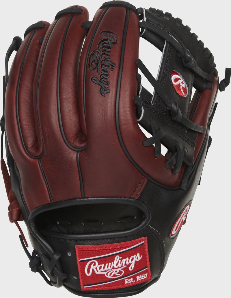 Back of a dark sherry Heart of the Hide 11.75-Inch I-web glove with a red Rawlings patch - SKU: RSGPRO315-2JPPRO