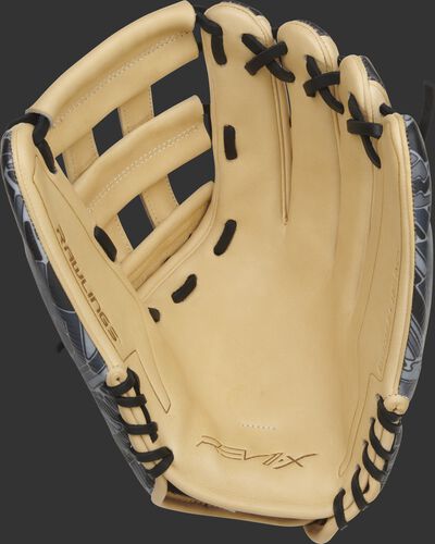 Camel palm of a Rawlings REV1X outfield glove with black laces - SKU: REV3039-6