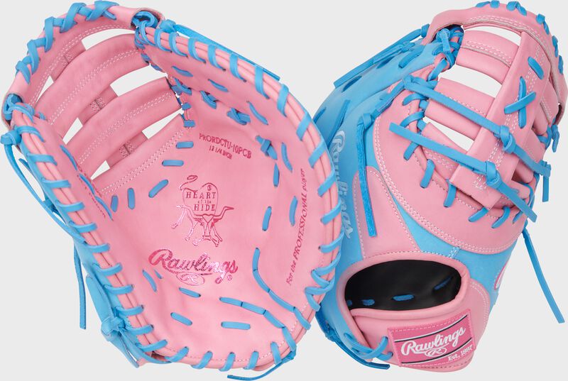 Two images showing the palm & back of a pink/Columbia blue Heart of the Hide ContoUR Fit 12.25-Inch 1st Base Mitt