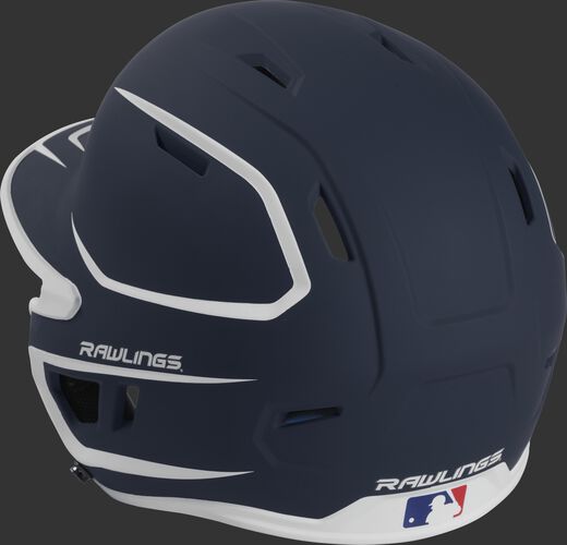 Back left view of a matte navy/white MACH series batting helmet with air vents