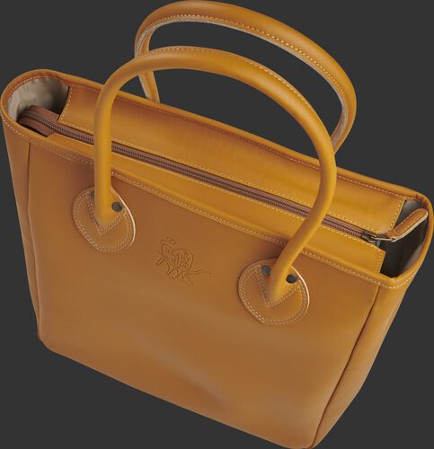 Top view of a closed HOHTOTE2 tan Heart of the Hide leather tote bag