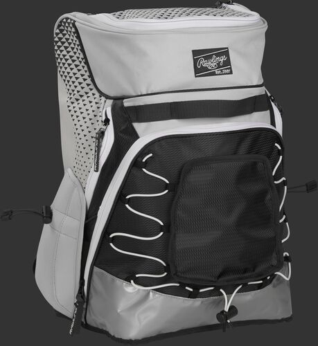 Front right of a white/black R800 softball backpack