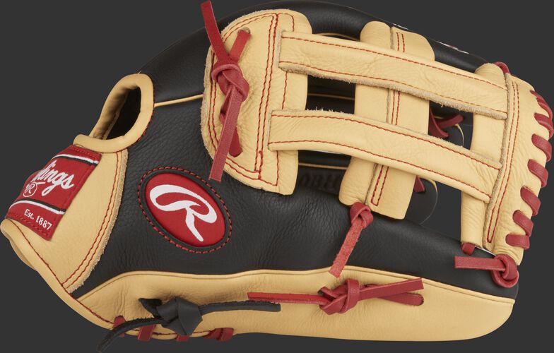 Thumb view of a SPL120BH 12-inch Select Pro Lite Bryce Harper youth outfield glove with a black/camel thumb and camel H web