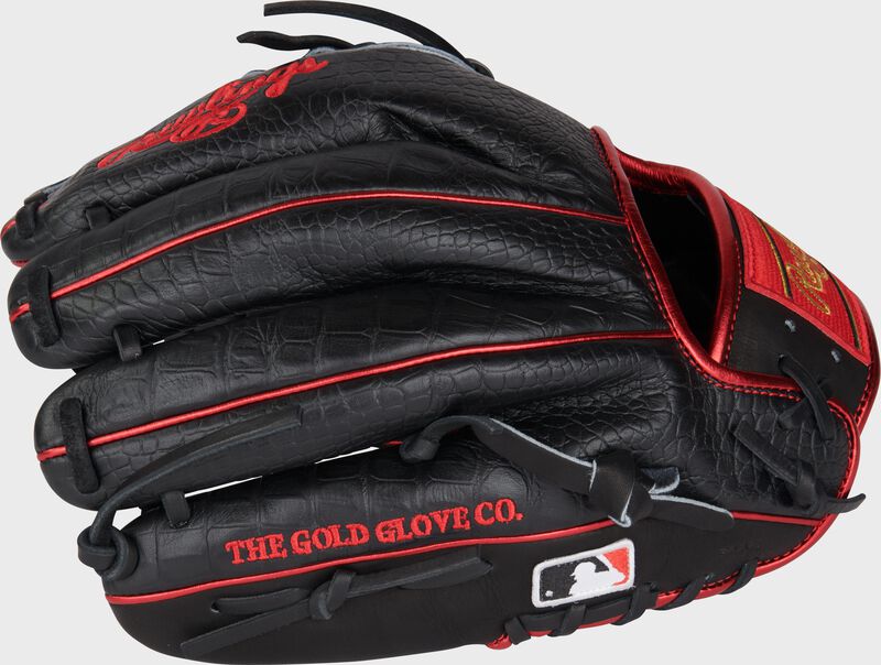 Black croc back of a Heart of the Hide R2G 11.75" infield/pitcher's glove with the MLB logo on the pinky - SKU: RPROR205-9BCS loading=