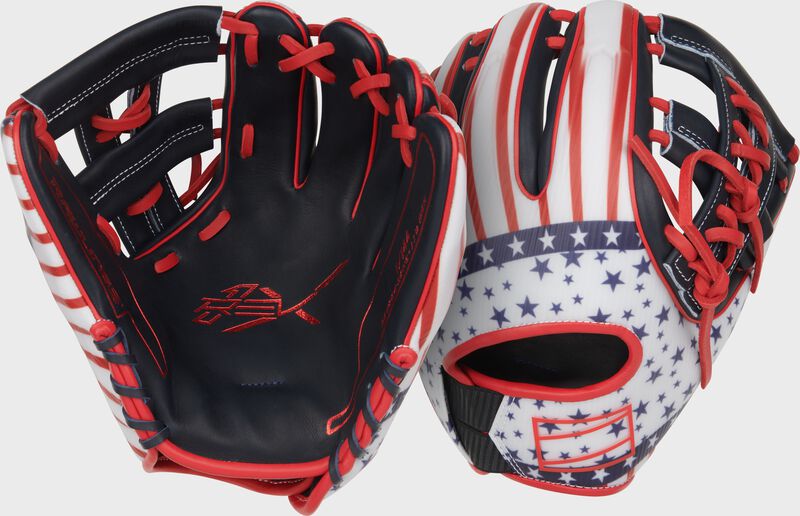 Two images showing the palm & back of a Rawlings 4th of July REV1X 11.5" infield glove