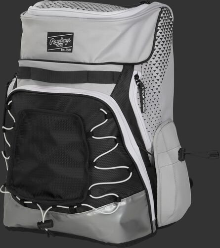 Front left of a white/black R800 softball backpack