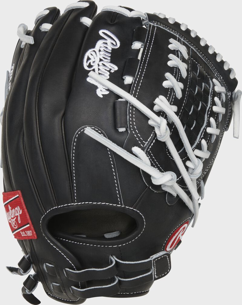 Back of a black 12.5-Inch HOH softball laced basket web glove with a pull strap back - SKU: PRO125SB-18GB