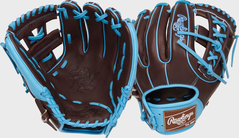 2 views showing the palm and back of a chocolate brown/Columbia blue Heart of the Hide R2G infield glove - SKU: RPROR314-32CH