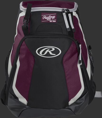 Front of a black/maroon R500 Rawlings Players team backpack with a Rawlings patch and white Oval R