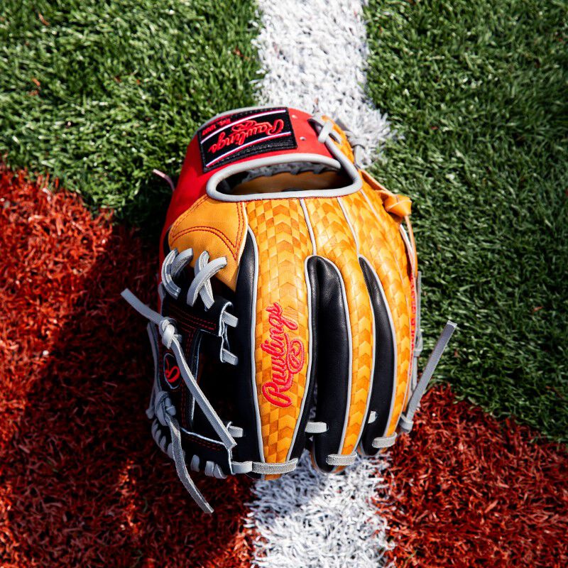 Bird's-eye view of a Heart of the Hide ColorSync 8.0 infield glove on a field
