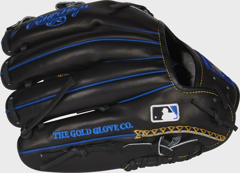 Back of a black Rawlings Pro Preferred 11.5-Inch infield glove with hand sewn welting and the MLB logo on the pinky - SKU: PROSNP4-20BR loading=