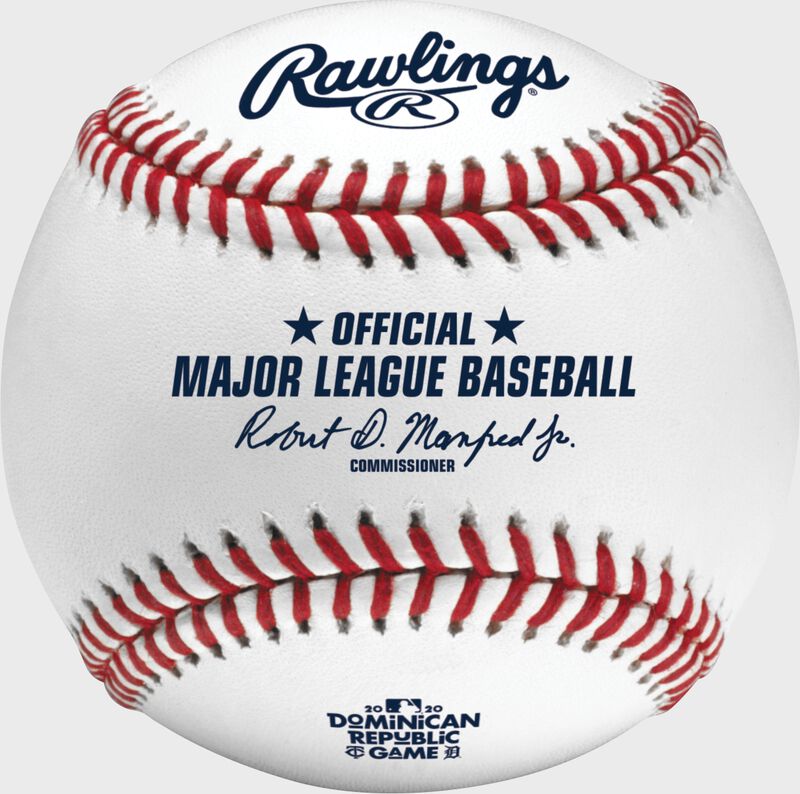 An official 2020 MLB Dominican Republic Series baseball with the Official MLB baseball stamp - SKU: ROMLBDRS20