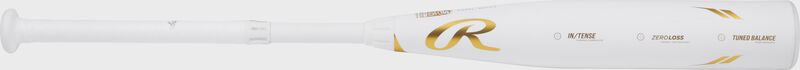 A white Rawlings Icon -5 USSSA baseball bat shown left to right - SKU: RUT4I5