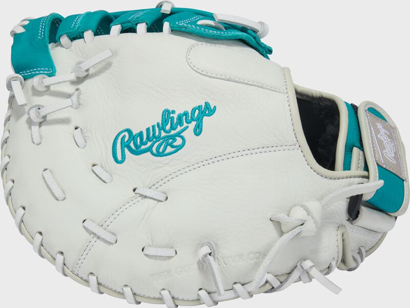 Finger backs of a white/teal Shut Out 12-inch Fastpitch Softball 1st Base Mitt loading=