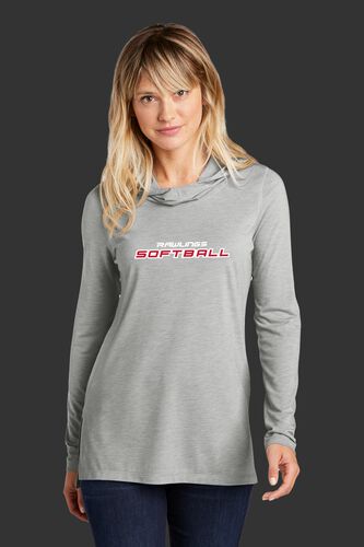 A woman wearing a lightweight Rawlings Softball performance hoodie - SKU: RSGLWH-G