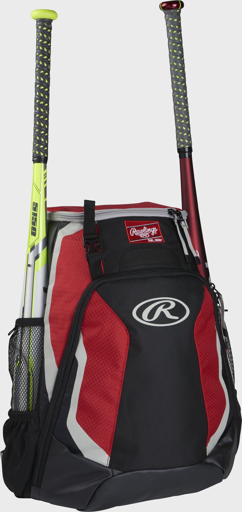 Right side of a black/scarlet R500 Rawlings baseball backpack with a white bat in the bat sleeve