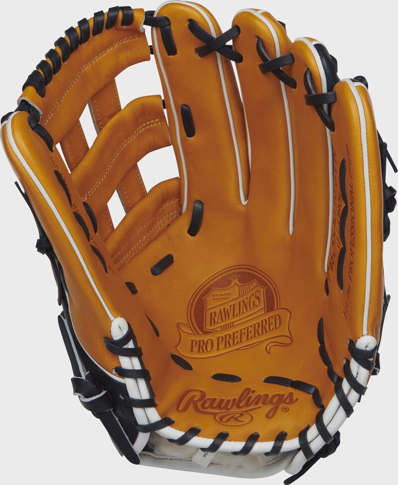 Palm view of a PROS3039-6TN 12.75-inch Rawlings baseball glove with a rich tan palm and navy laces