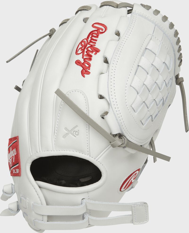Shell back view of white and red Liberty Advanced 12-inch softball glove