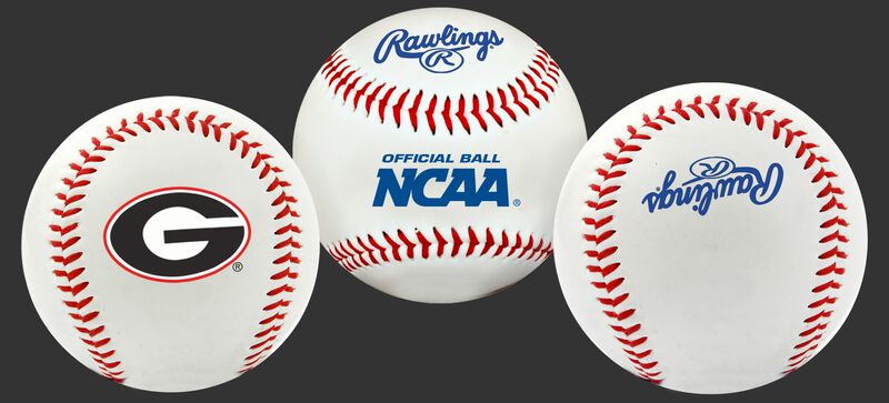 3 views of a NCAA Georgia Bulldogs baseball with a team logo, NCAA logo and Rawlings logo