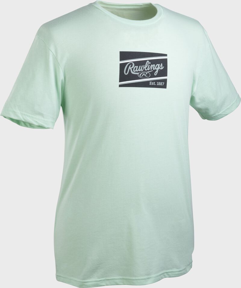 A mint Rawlings ColorSync patch short sleeve shirt with a black/gray patch on the chest