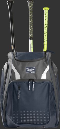 Front view of a navy Rawlings Legion baseball backpack with 3 bats in the back - SKU: LEGION-N