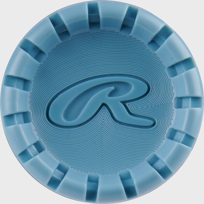 Blue end cap of a 2025 Clout AI BBCOR baseball bat with a "R" Logo in the middle