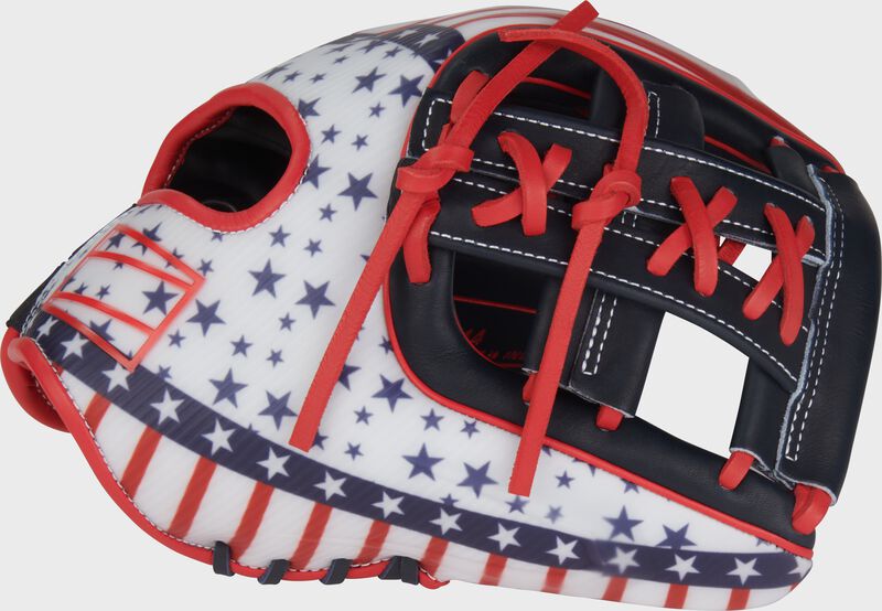 Thumb of a red/white/blue Rawlings 4th of July REV1X 11.5" infield glove with a navy X-laced single post web