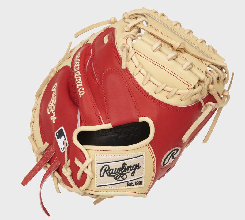 Scarlet back of a 33-Inch Pro Preferred catcher's mitt with a camel Rawlings patch - SKU: PROSCM33CS