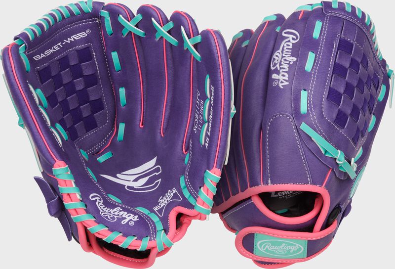 Two images showing the palm & back of a purple/pink/mint Sure Catch Softball 11.5-inch Youth Softball Glove loading=