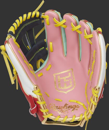 Pink palm of a Kolten Wong Heart of the Hide glove with his personal logo and yellow laces - SKU: PRO314-7KW