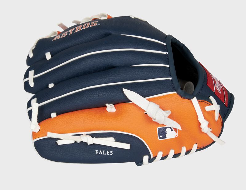 Navy/orange back of a Rawlings Houston Astros glove with the MLB logo on the pinky - SKU: 22000002111