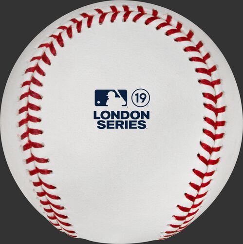 The official MLB London Series 2019 logo stamped on the ROMLBLS19 baseball