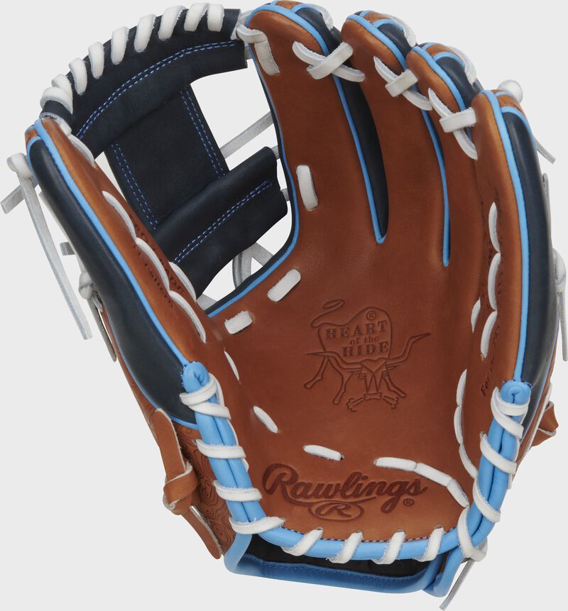 Golden brown palm of a Rawlings Heart of the Hide ColorSync 8.0 infield glove with white laces - SKU: PRO314-2GBN