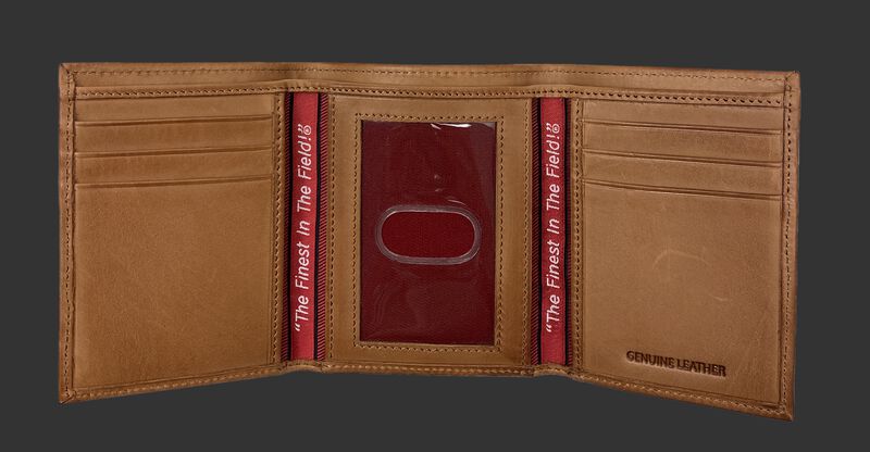 Inside of a tan Rawlings Play Ball tri-fold wallet with multiple credit card slots and clear ID window - SKU: MW479-204