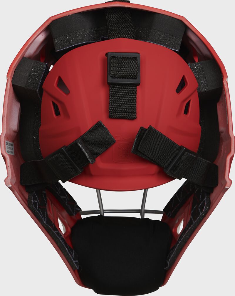 Back of a scarlet Velo 2.0 catcher's helmet