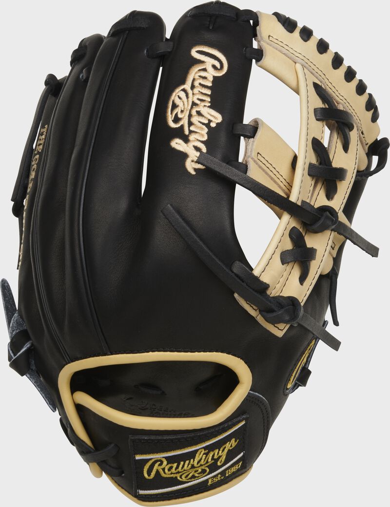 Back of a black/camel ContoUR Fit 11.75" Heart of the Hide R2G glove with a black Rawlings patch - SKU: PROR205U-32B
