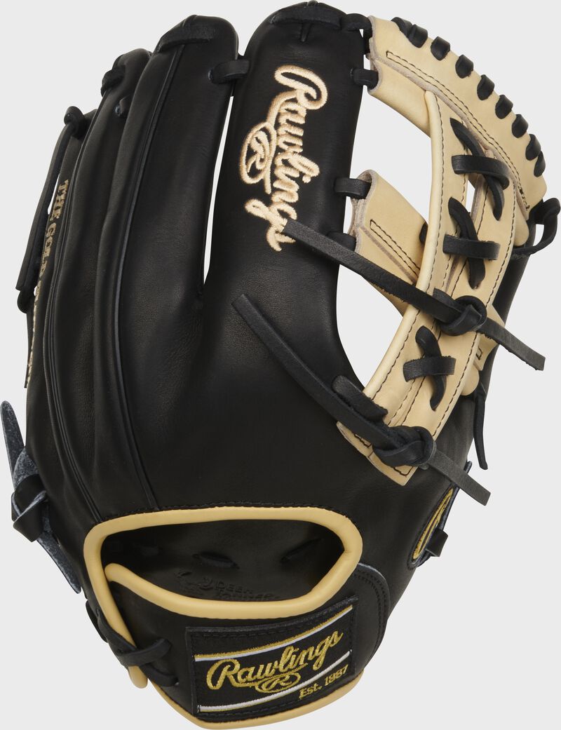 Back of a black/camel ContoUR Fit 11.75" Heart of the Hide R2G glove with a black Rawlings patch - SKU: PROR205U-32B loading=