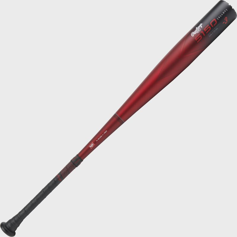 Angled view of a red/black Rawlings 5150 BBCOR bat - SKU: RBB353