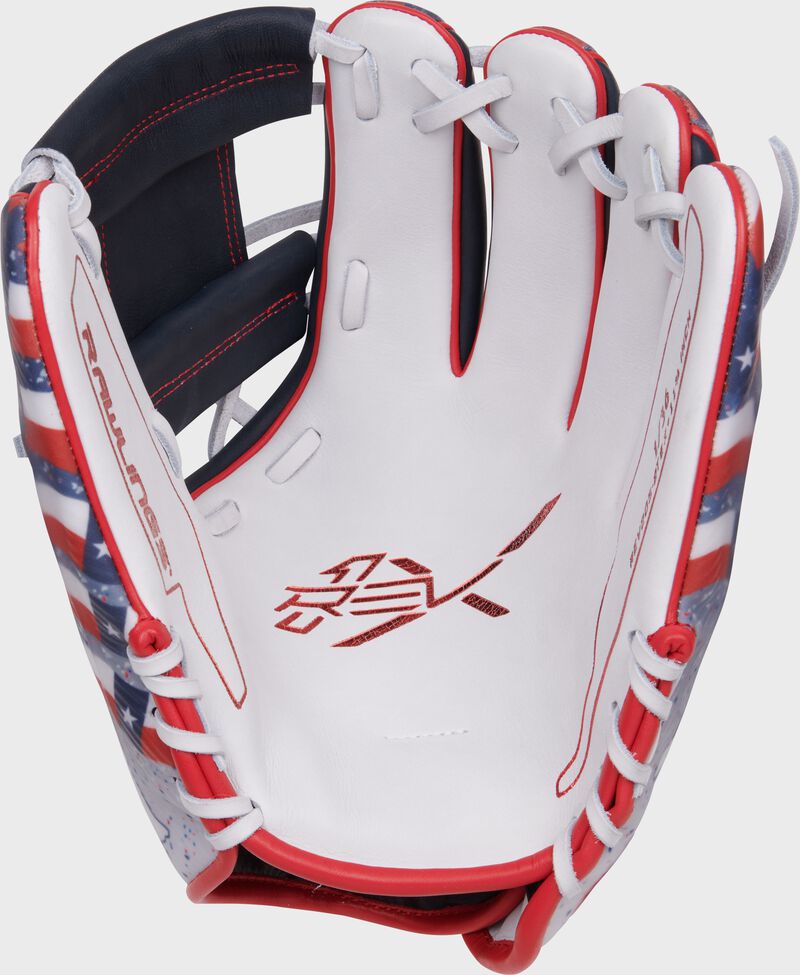 White palm of a Rawlings REV1X infield glove with scarlet stamping and white laces