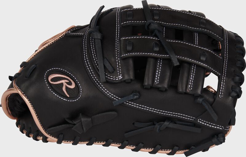 Thumb of a black R9 Series 12.5" first base fastpitch mitt with a black H-web