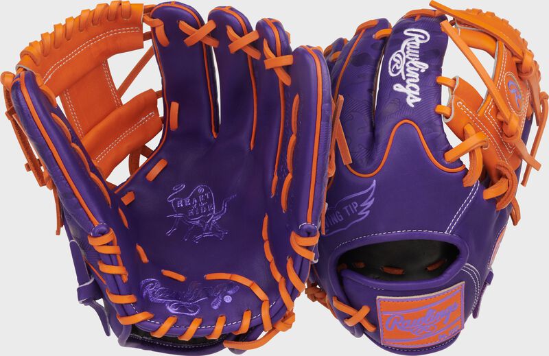 Two images showing the palm & back of a purple/orange Heart of the Hide ContoUR Fit 11.5-Inch Wing Tip Glove